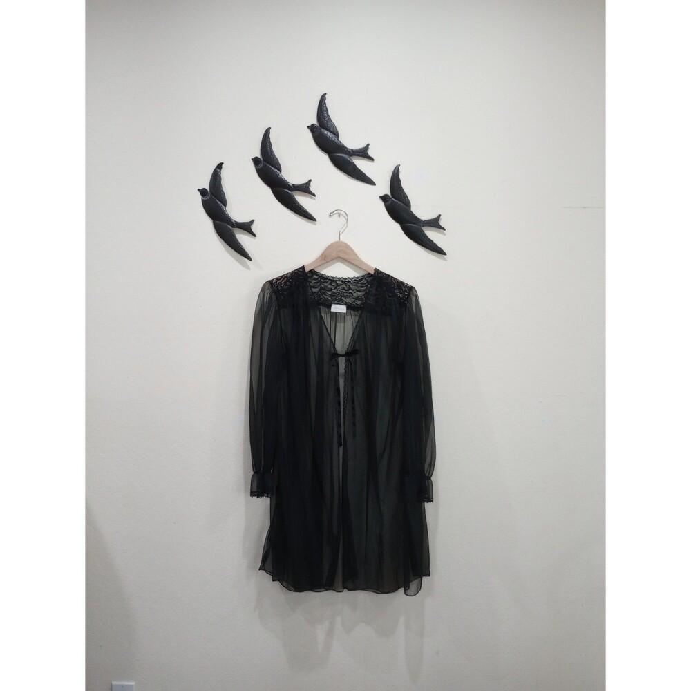 Vintage Barbizon Black Sheer Nylon & Lace Peignoir Robe - M / L